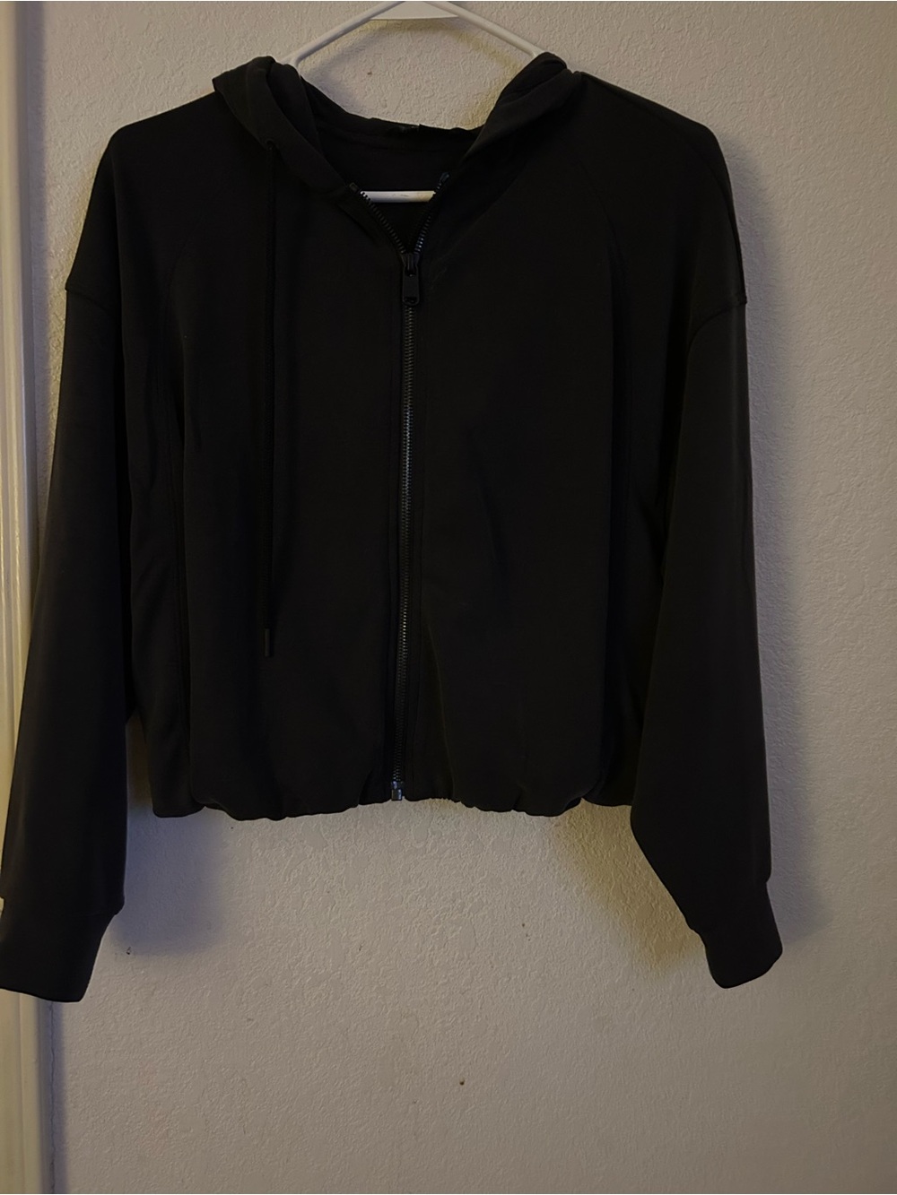 Athleta Black Zip-Front Hooded Bomber Jacket
